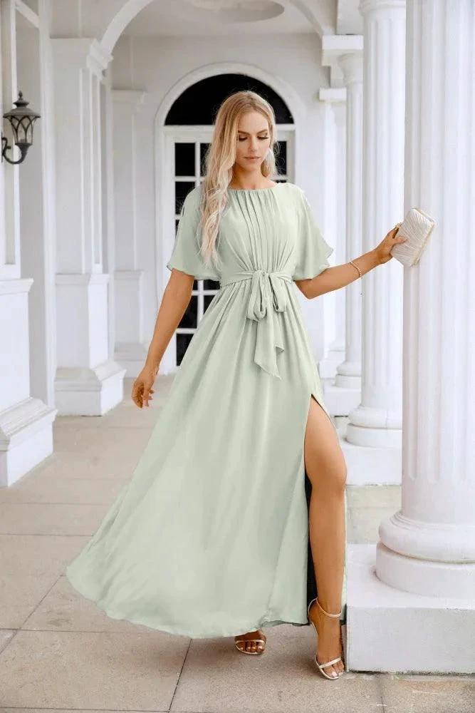 Ladies Chiffon Sleeve Crew Neck Front Slit Floor Length Bridesmaid Evening Dress Wedding Party Evening Dress 28124 by numbersea