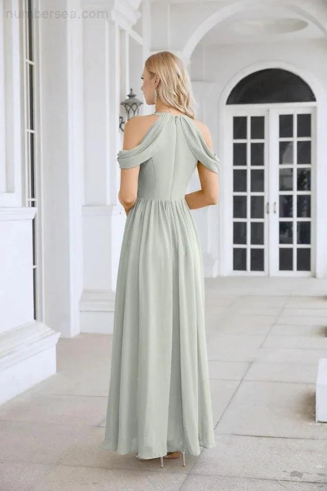 Ladies Chiffon Off Shoulder Swing Sleeve Front Slit Bridesmaid Evening Dress Wedding Party Evening Dress 28117 (ZD17011)