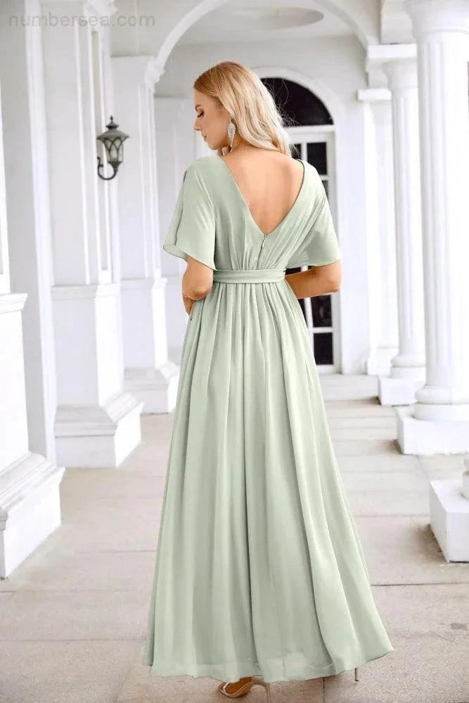 Ladies Chiffon Sleeve Crew Neck Front Slit Floor Length Bridesmaid Evening Dress Wedding Party Evening Dress 28124 (ZD17007)