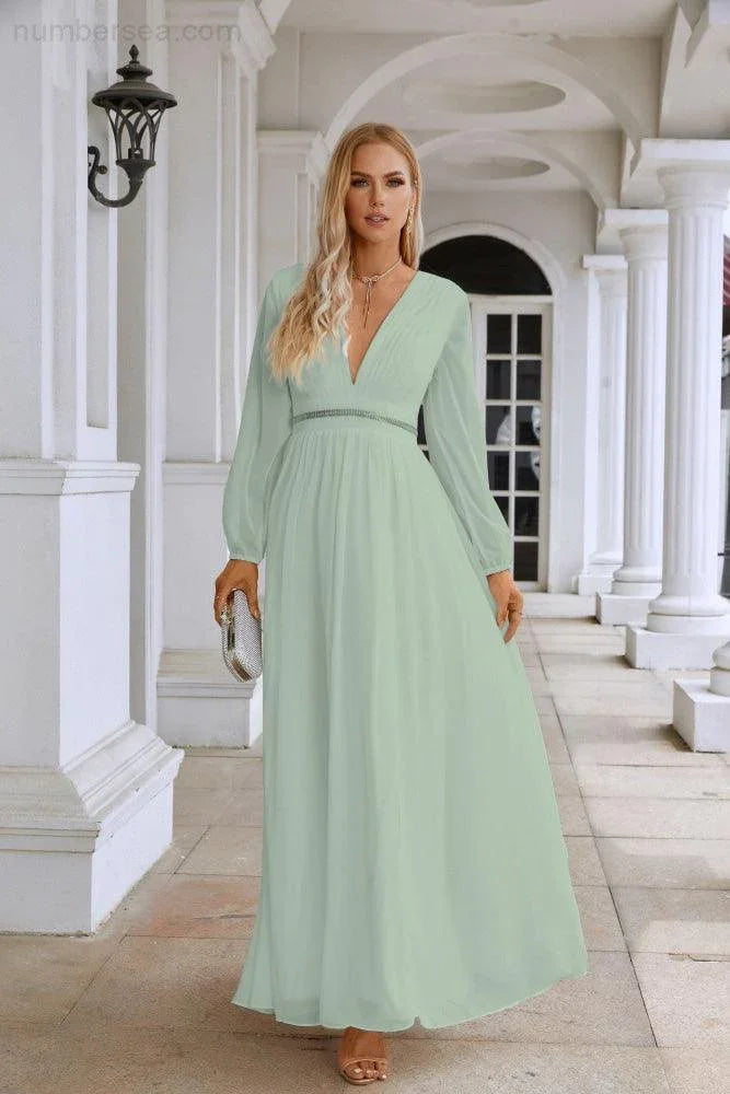Ladies V Neck Chiffon Long Sleeve Front Slit Bridesmaid Evening Dress Wedding Party Shopping Evening Dress 28109 (ZD16991)