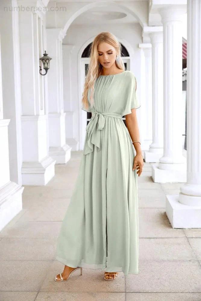 Ladies Chiffon Sleeve Crew Neck Front Slit Floor Length Bridesmaid Evening Dress Wedding Party Evening Dress 28124 (ZD17007)