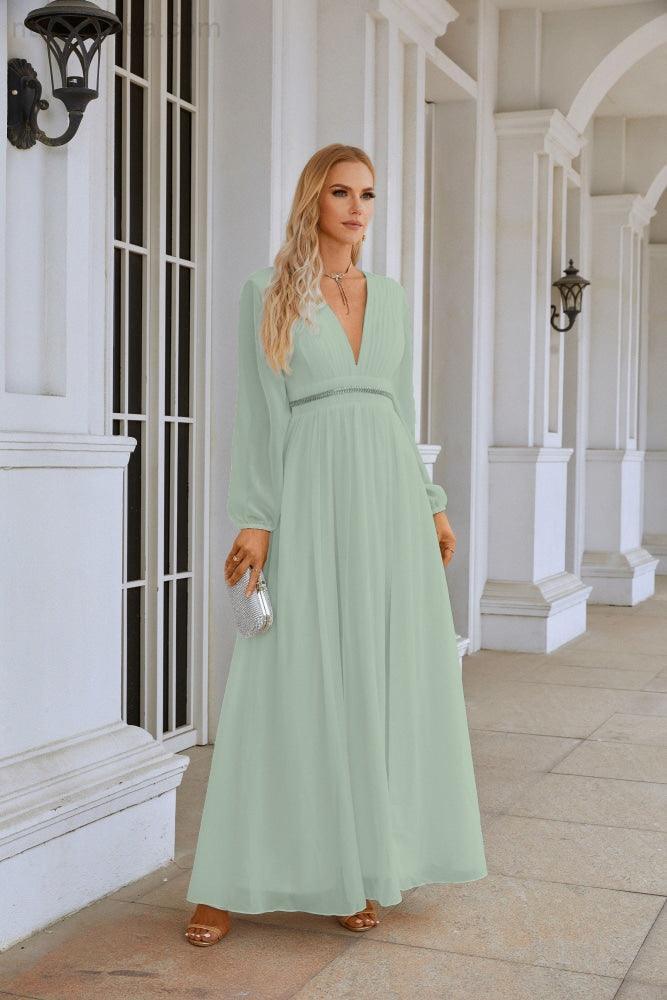 Ladies V Neck Chiffon Long Sleeve Front Slit Bridesmaid Evening Dress Wedding Party Shopping Evening Dress 28109 (ZD16991)