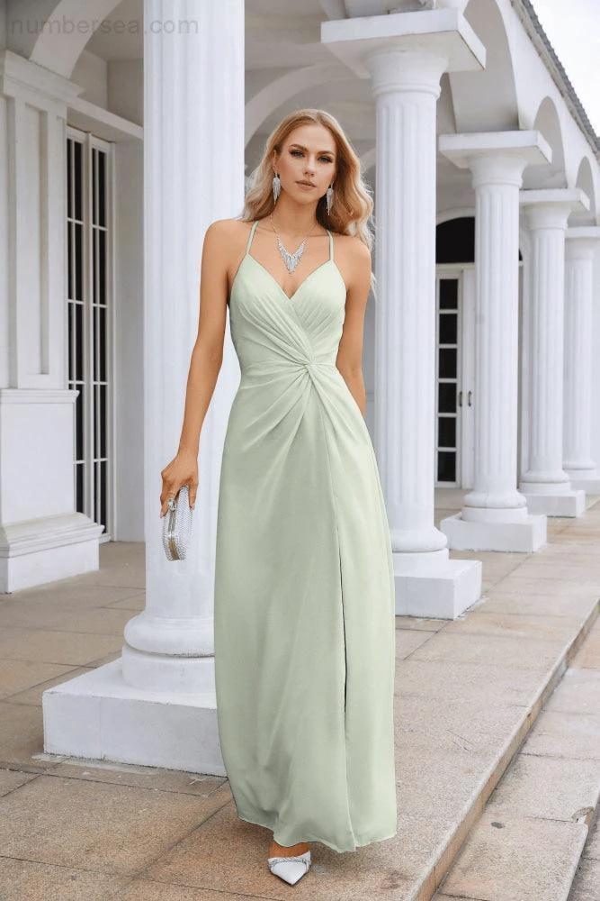 Ladies Chiffon Spaghetti Strap V Neck Front Slit Floor Length Bridesmaid Evening Dress Prom Party Wedding Evening Dress 28116 (ZD17012)