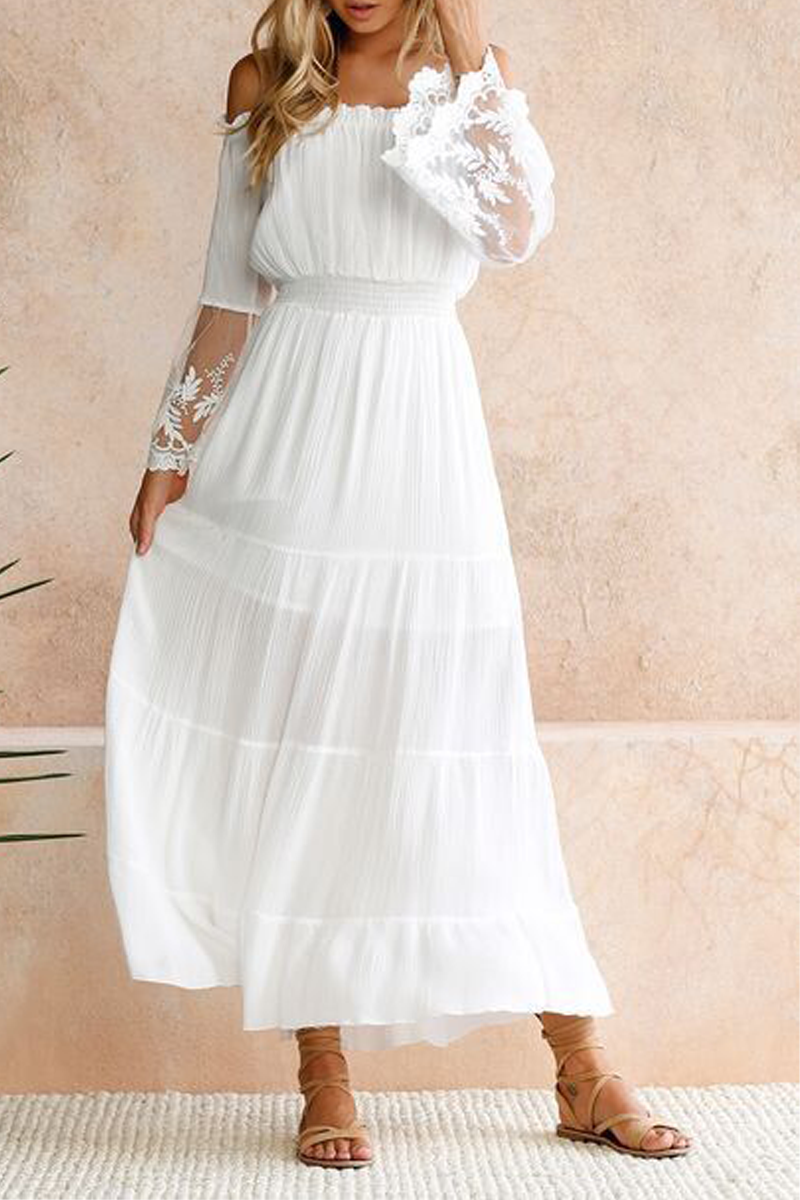 Fashion Solid Patchwork Off the Shoulder Mesh Dress Dresses - Fashionpara