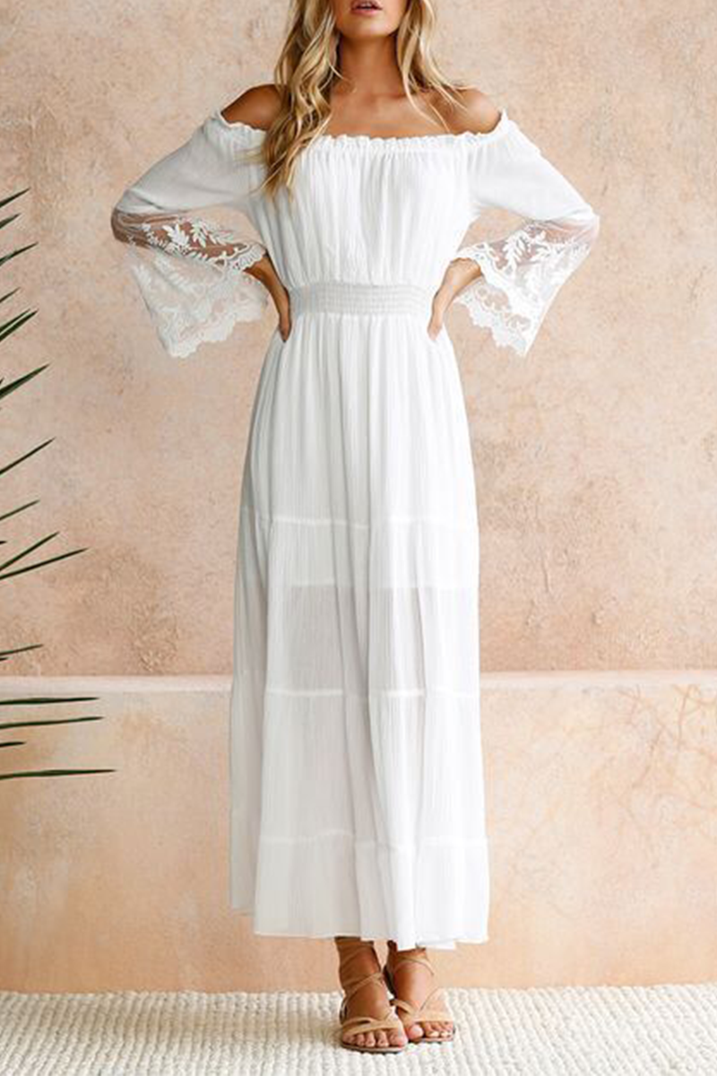 Fashion Solid Patchwork Off the Shoulder Mesh Dress Dresses - Fashionpara