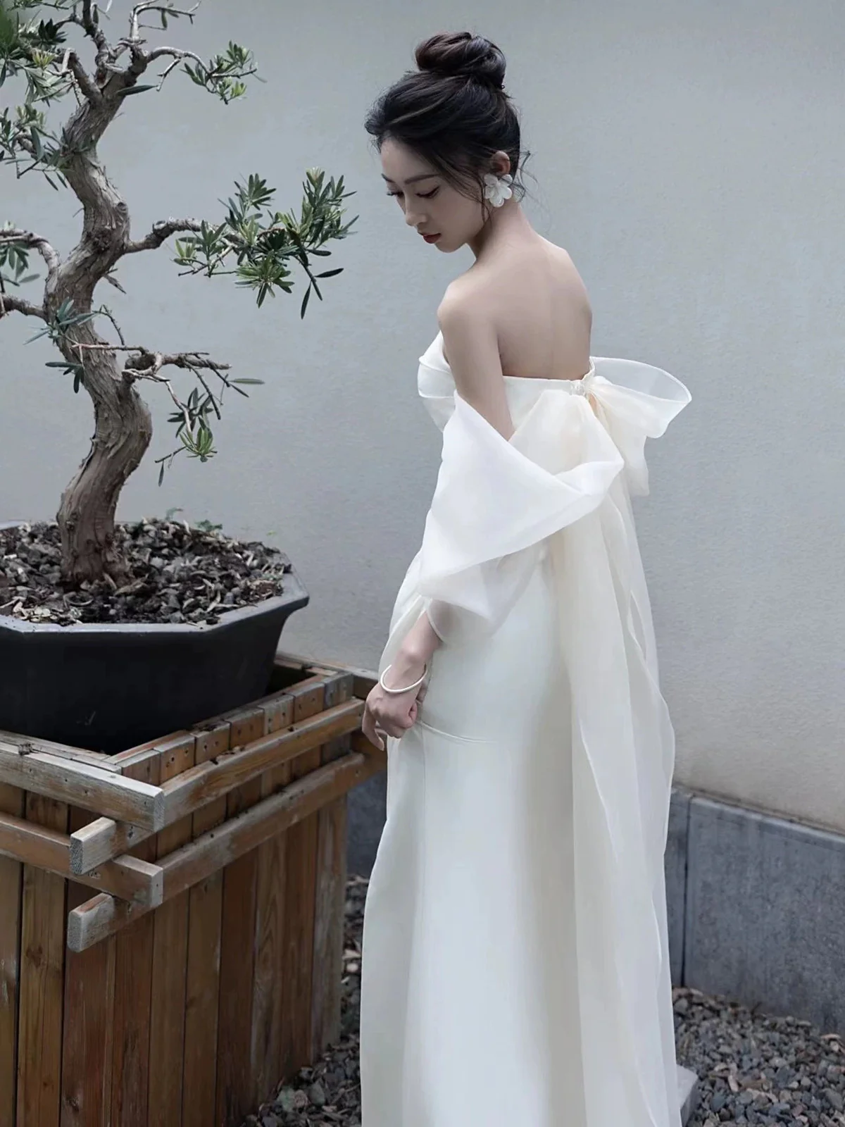 Elegant White Strapless Prom Dress, High Slit Fairy Wedding Guest Gown Maxi Dress - View 4 | FashionDia
