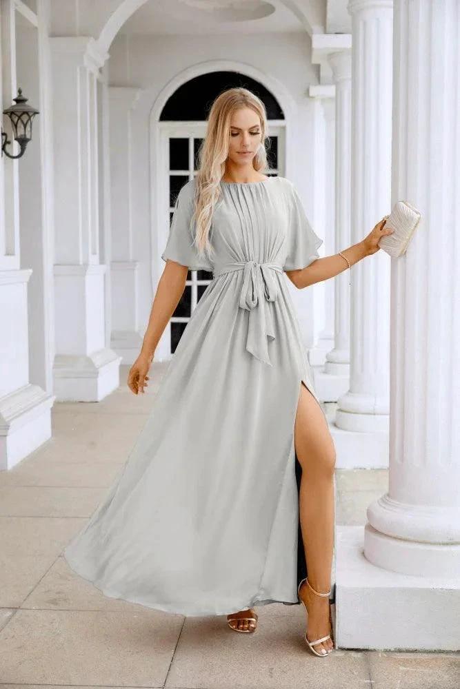 Ladies Chiffon Sleeve Crew Neck Front Slit Floor Length Bridesmaid Evening Dress Wedding Party Evening Dress 28124 by numbersea
