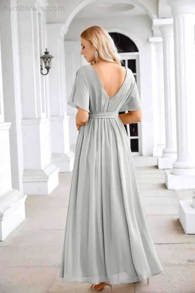 Ladies Chiffon Sleeve Crew Neck Front Slit Floor Length Bridesmaid Evening Dress Wedding Party Evening Dress 28124 (ZD17007)