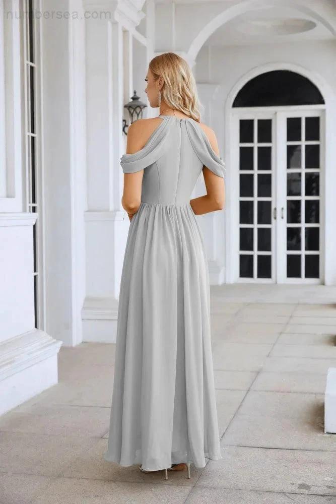 Ladies Chiffon Off Shoulder Swing Sleeve Front Slit Bridesmaid Evening Dress Wedding Party Evening Dress 28117 (ZD17011)