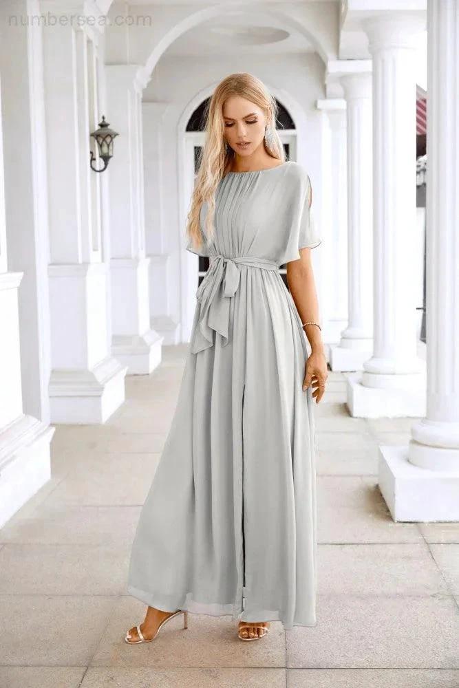 Ladies Chiffon Sleeve Crew Neck Front Slit Floor Length Bridesmaid Evening Dress Wedding Party Evening Dress 28124 (ZD17007)