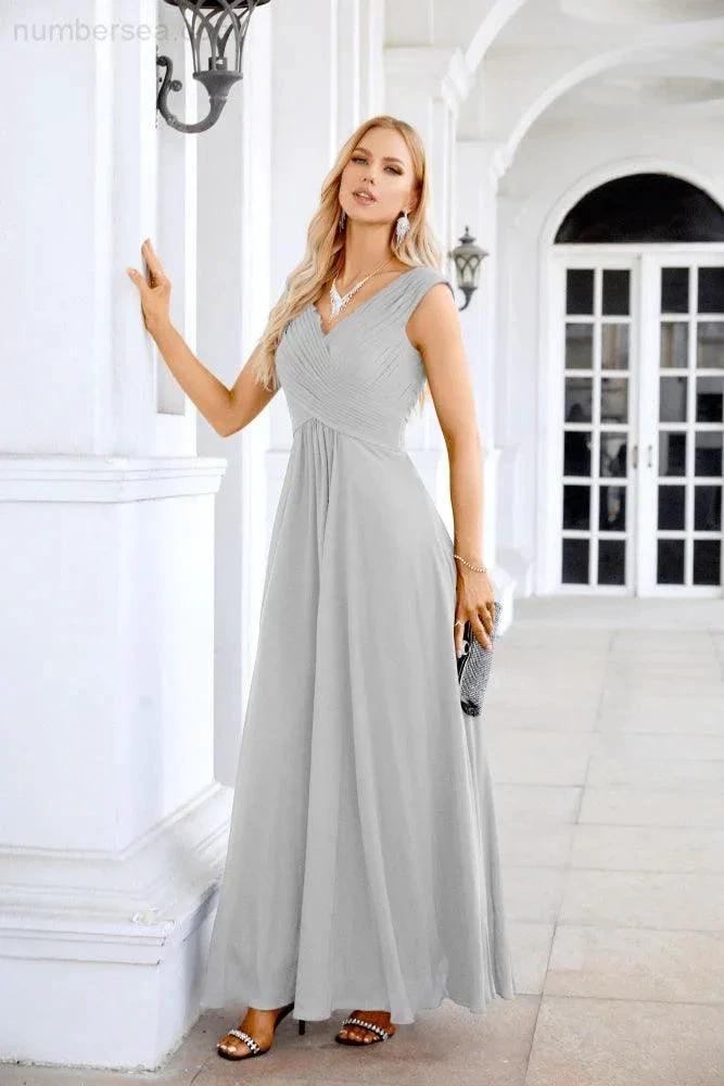 Ladies Chiffon V Neck Sleeveless Floor Length Bridesmaid Evening Dress Wedding Party Evening Dress 28126 (ZD16989)