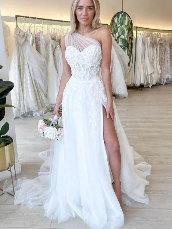 A Line One Shoulder Lace Tulle Bridal Dress With Long Train