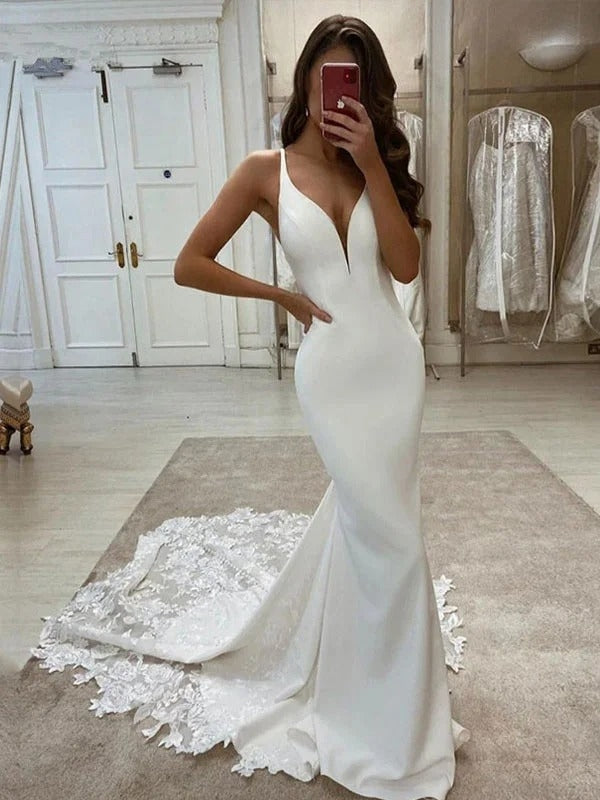Simple Deep V Neck Spaghetti Strap Wedding Dress Lace Trimmed Cathedral Train