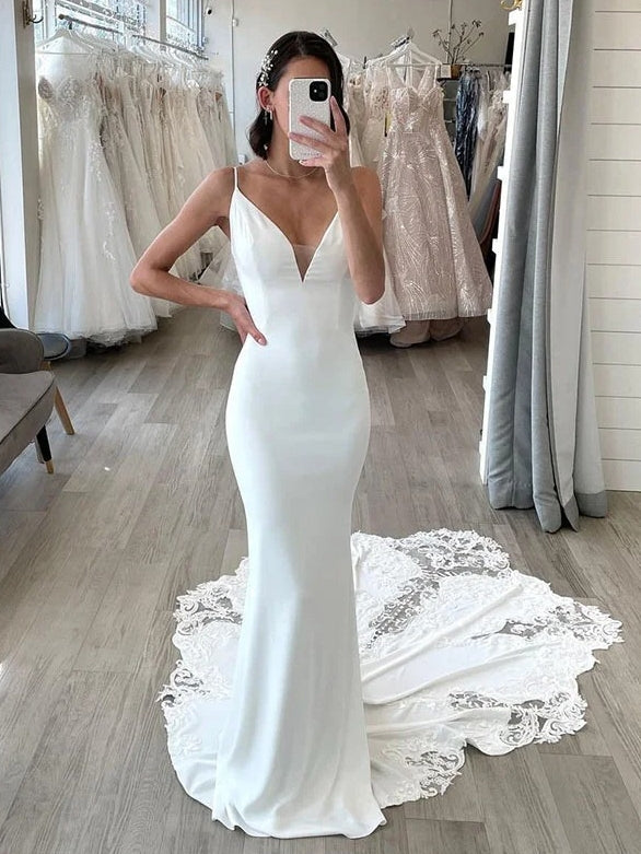 Spaghetti Strap V-Neck Satin Mermaid Wedding Dress Cowl Low Back With Lace Hem Train