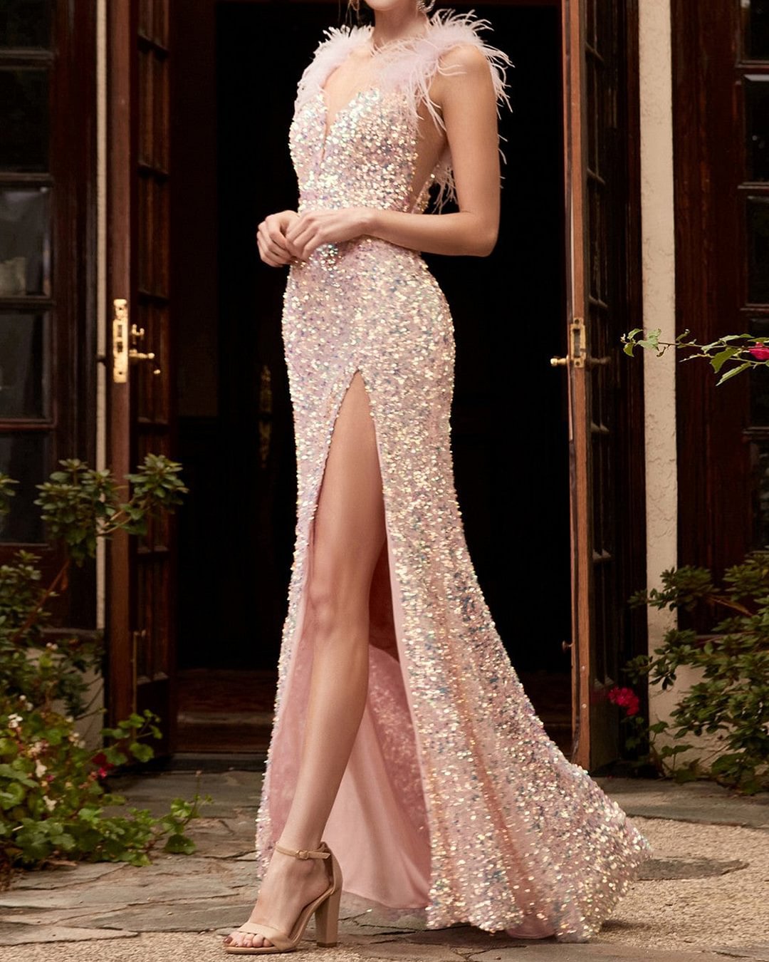 Feather Red High Waist Prom Dress - View 4 | VelvetHem