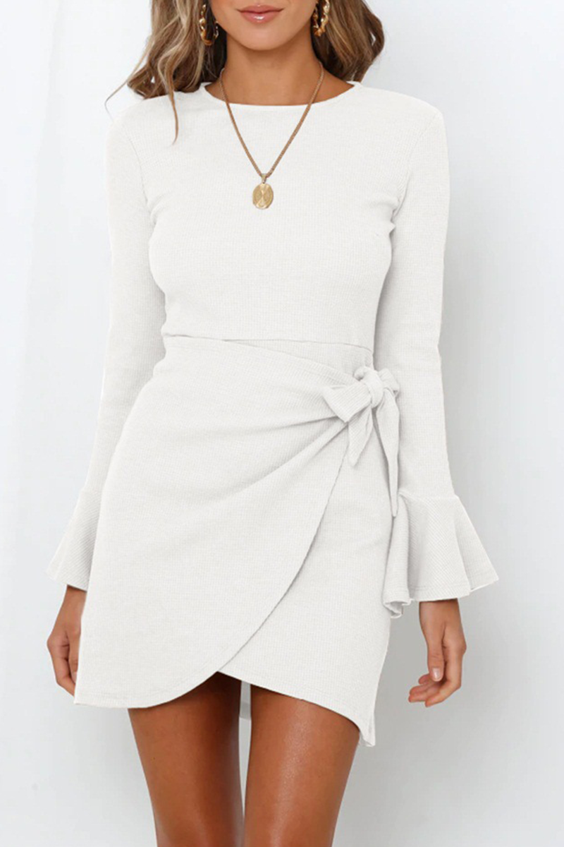 Amelia Effortless Casual Long Sleeve Round Neck Ruffle Mini Dress Elevated Occasion Wear
