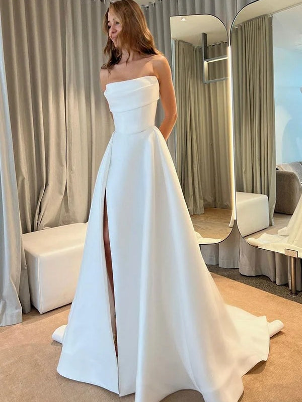 Modern High Slit Plain Satin A-Line Draped Tube Top Wedding Dress