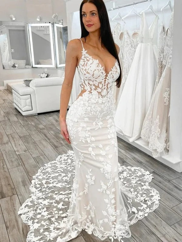 Thin Strap Deep V Neck Lace Low Back Mermaid Wedding Dress