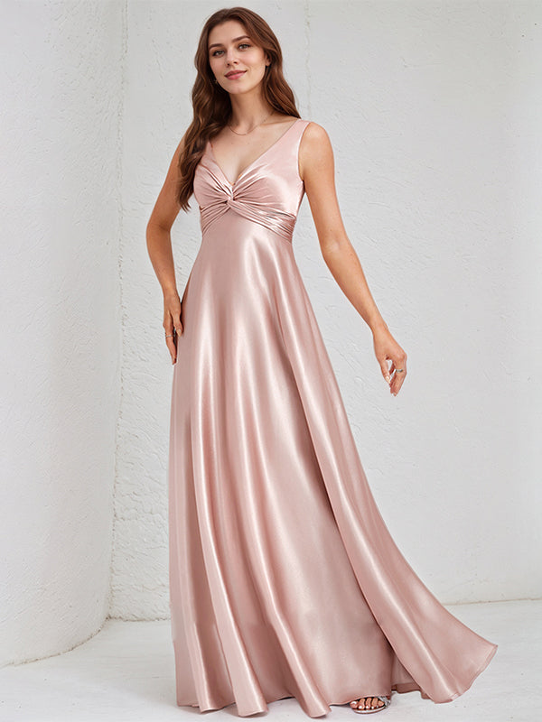 Dusty Rose Satin A-Line V-Neck Sleeveless Floor-Length Bridesmaid Dress - View 4 | FashionDia