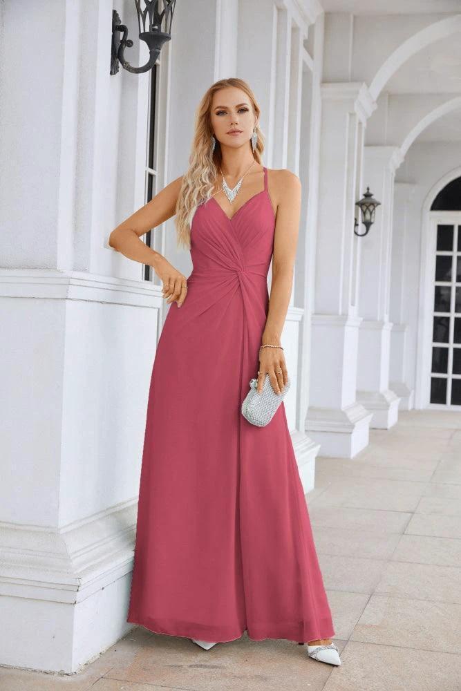 Ladies Chiffon Spaghetti Strap V Neck Front Slit Floor Length Bridesmaid Evening Dress Prom Party Wedding Evening Dress 28116 by numbersea