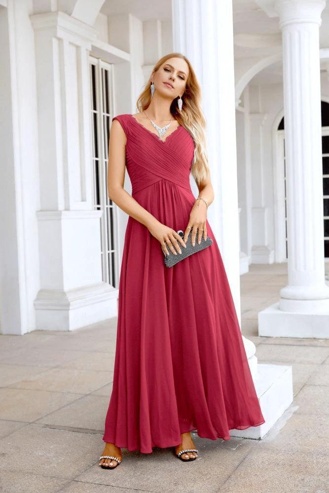 Ladies Chiffon V Neck Sleeveless Floor Length Bridesmaid Evening Dress Wedding Party Evening Dress 28126 by numbersea