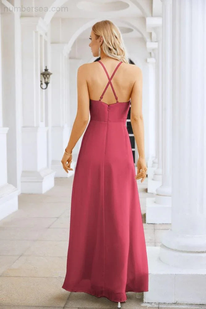 Ladies Chiffon Spaghetti Strap V Neck Front Slit Floor Length Bridesmaid Evening Dress Prom Party Wedding Evening Dress 28116 (ZD17012)