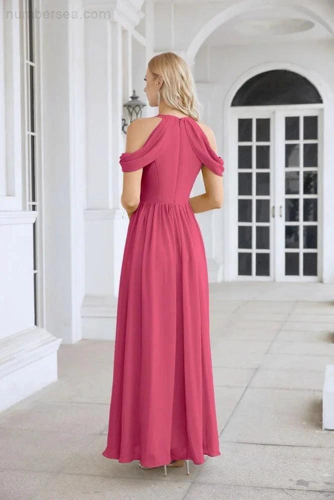 Ladies Chiffon Off Shoulder Swing Sleeve Front Slit Bridesmaid Evening Dress Wedding Party Evening Dress 28117 (ZD17011)