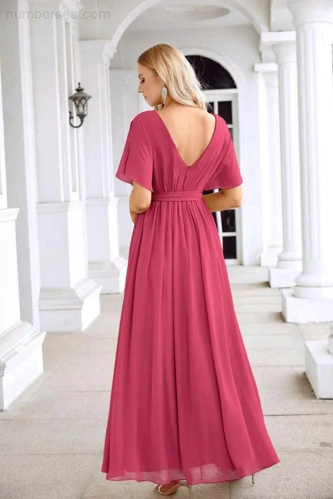 Ladies Chiffon Sleeve Crew Neck Front Slit Floor Length Bridesmaid Evening Dress Wedding Party Evening Dress 28124 (ZD17007)