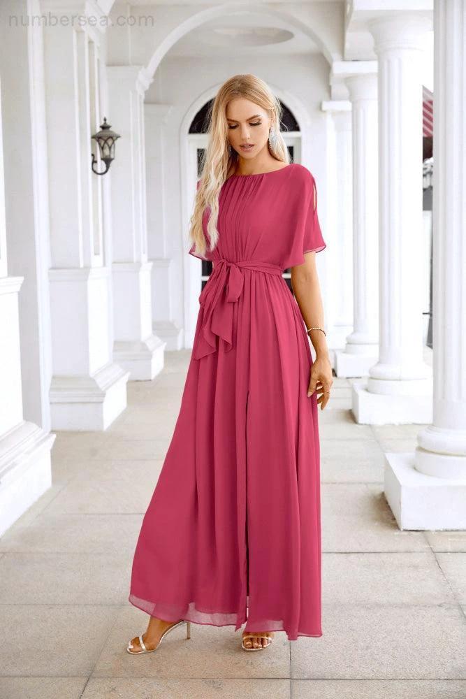 Ladies Chiffon Sleeve Crew Neck Front Slit Floor Length Bridesmaid Evening Dress Wedding Party Evening Dress 28124 (ZD17007)