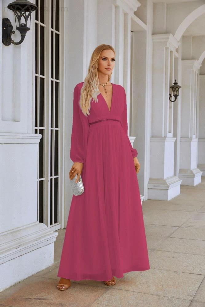 Ladies V Neck Chiffon Long Sleeve Front Slit Bridesmaid Evening Dress Wedding Party Shopping Evening Dress 28109 (ZD16991)