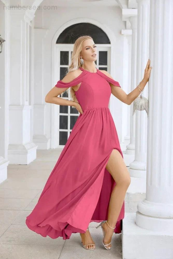 Ladies Chiffon Off Shoulder Swing Sleeve Front Slit Bridesmaid Evening Dress Wedding Party Evening Dress 28117 (ZD17011)