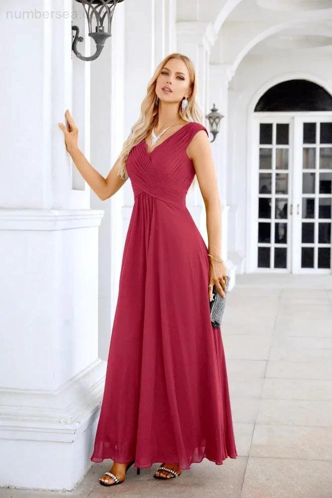 Ladies Chiffon V Neck Sleeveless Floor Length Bridesmaid Evening Dress Wedding Party Evening Dress 28126 (ZD16989)