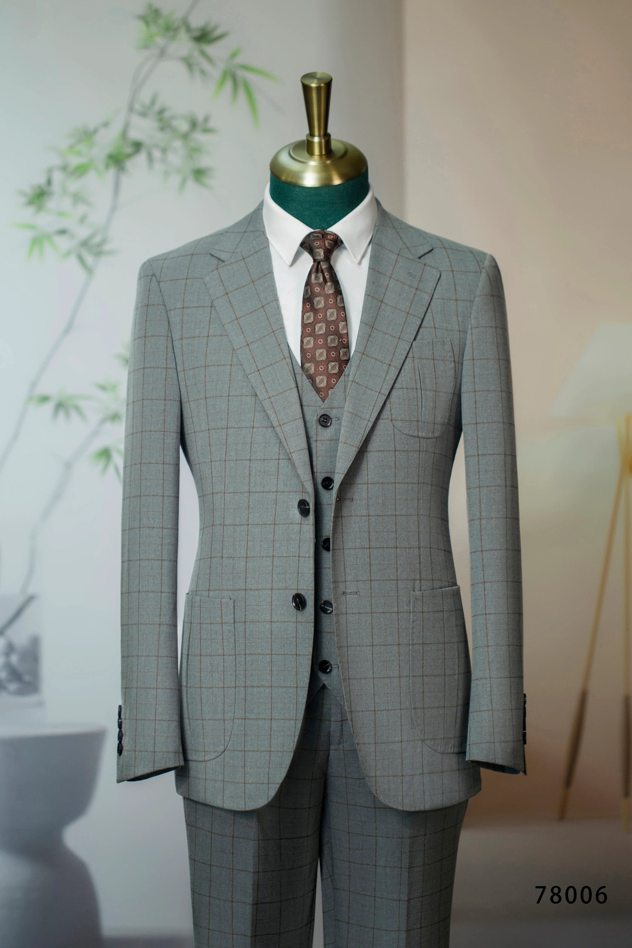 Three-Piece Windowpane Check Wool Suit | Tailored Formal Groom & Business Suit by 男装