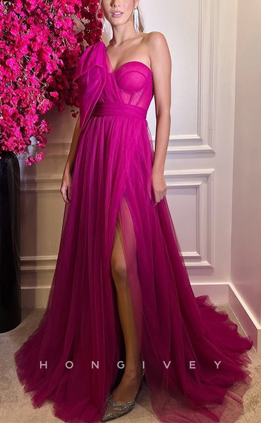 HM238 - A-Line One Shoulder Tulle With Side Slit Mother of the Bride Dress