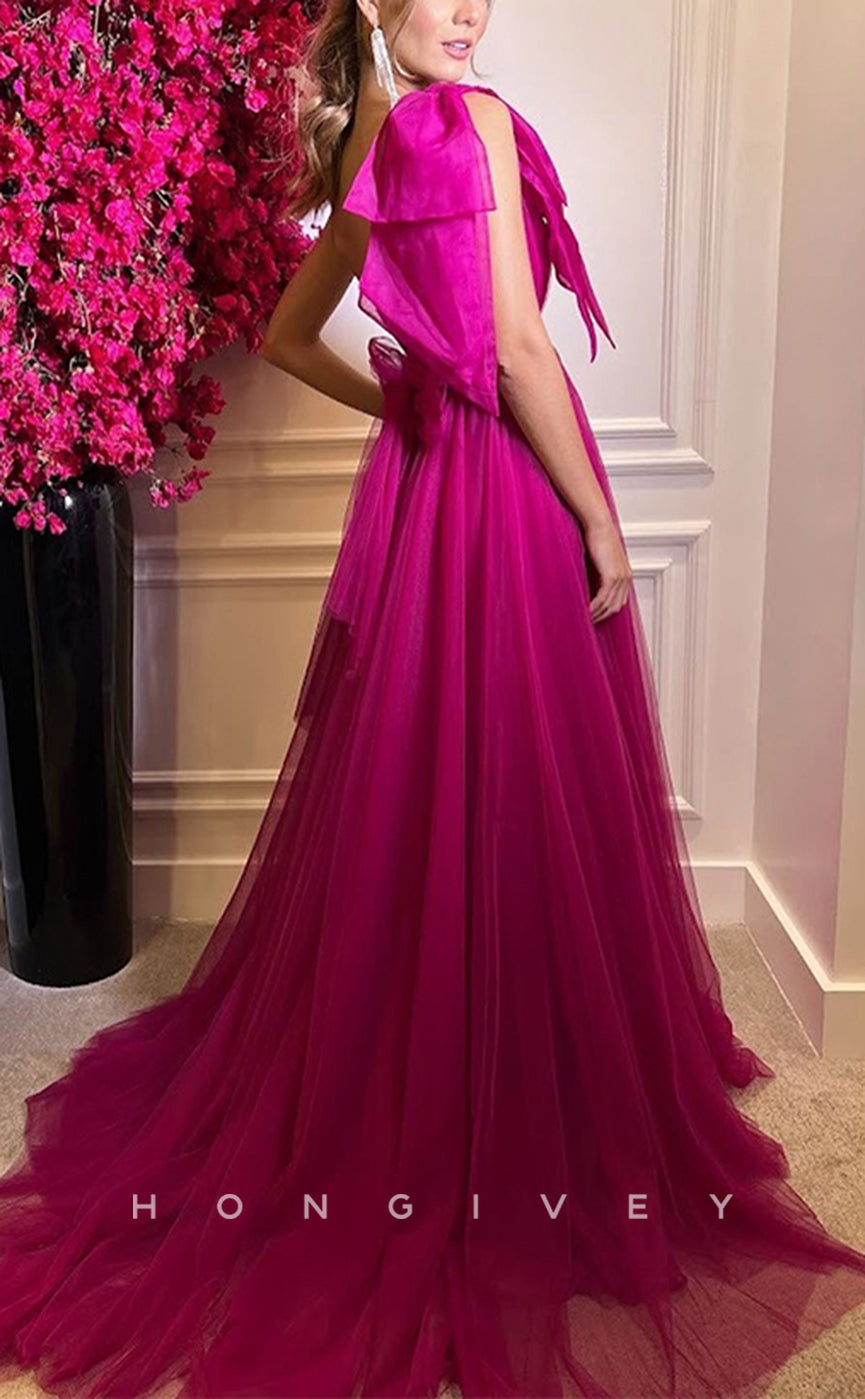 HM238 - A-Line One Shoulder Tulle With Side Slit Mother of the Bride Dress