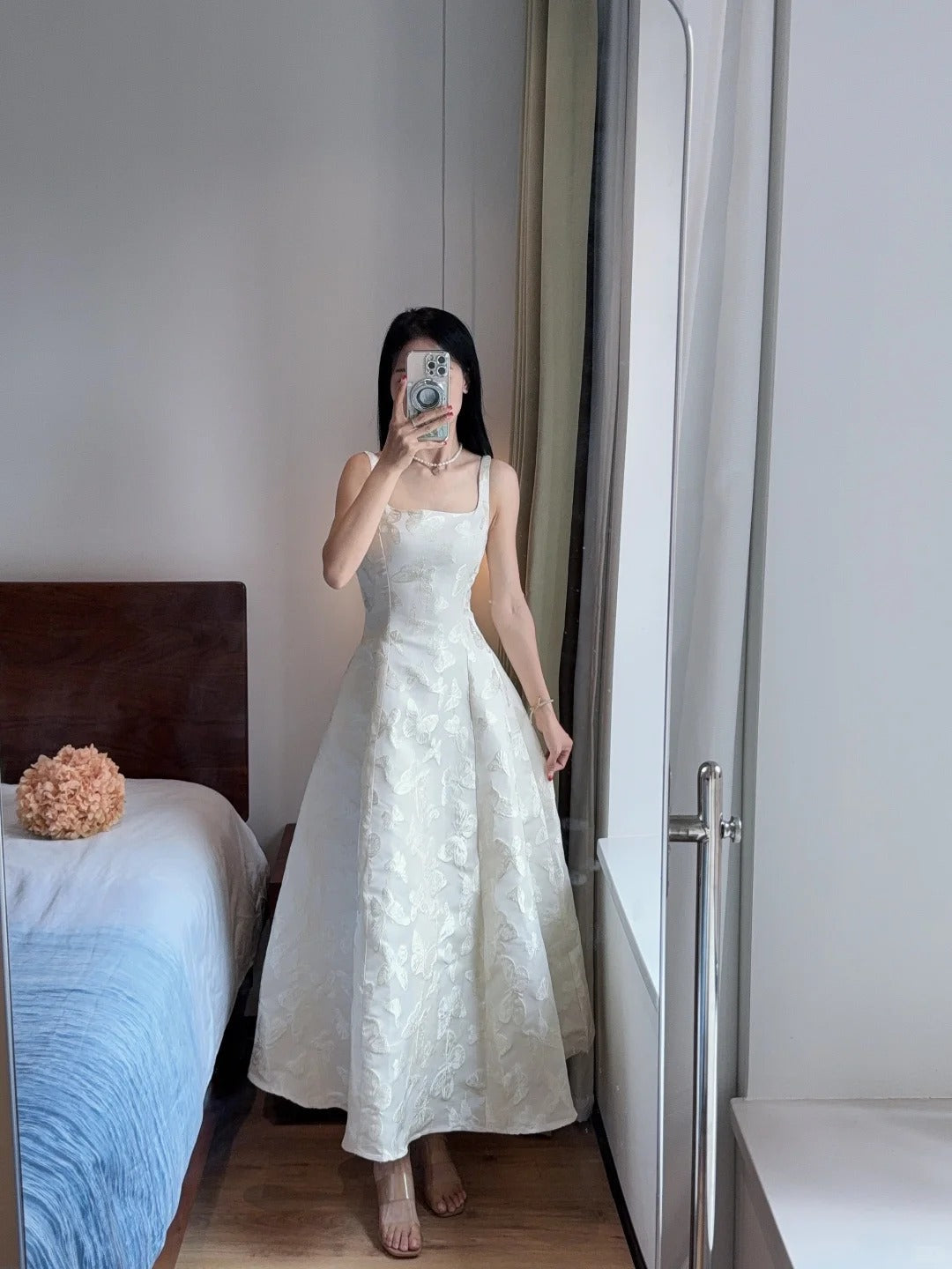 Elegant White A-Line Square Neck Halter Top With Butterfly Jacquard Satin Long Prom & Evening Dress - FashionDia