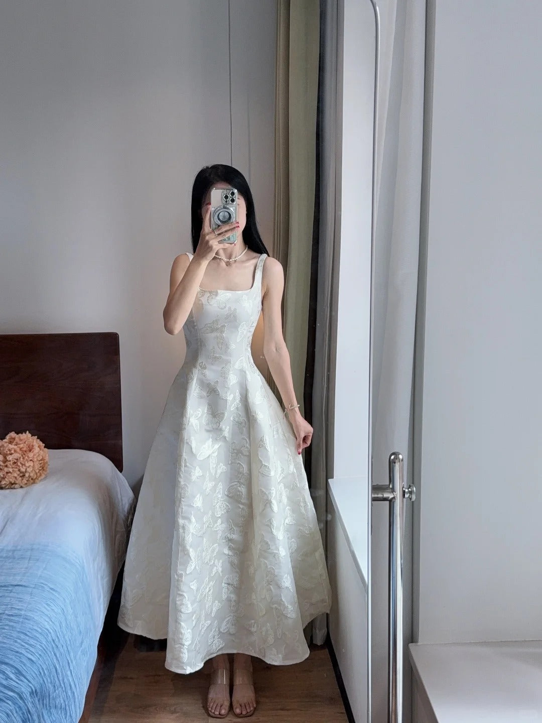 Elegant White A-Line Square Neck Halter Top With Butterfly Jacquard Satin Long Prom & Evening Dress - View 2 | FashionDia
