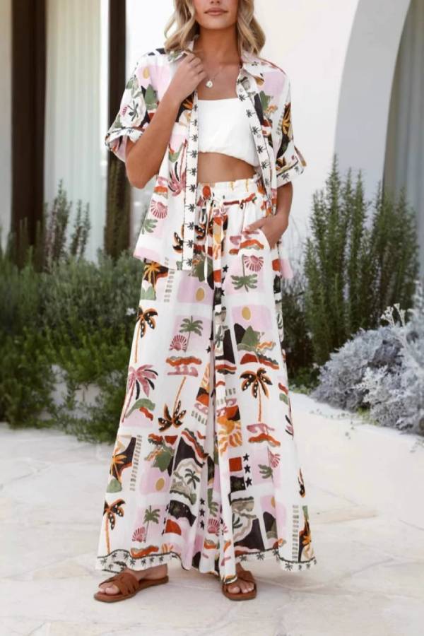 Loose casual short-sleeved shirt and wide-leg pants suit