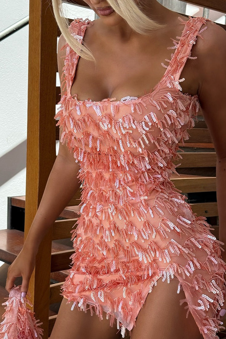 Trendy Tassel Backless Short Cami Split Sequin Dress - VelvetHem