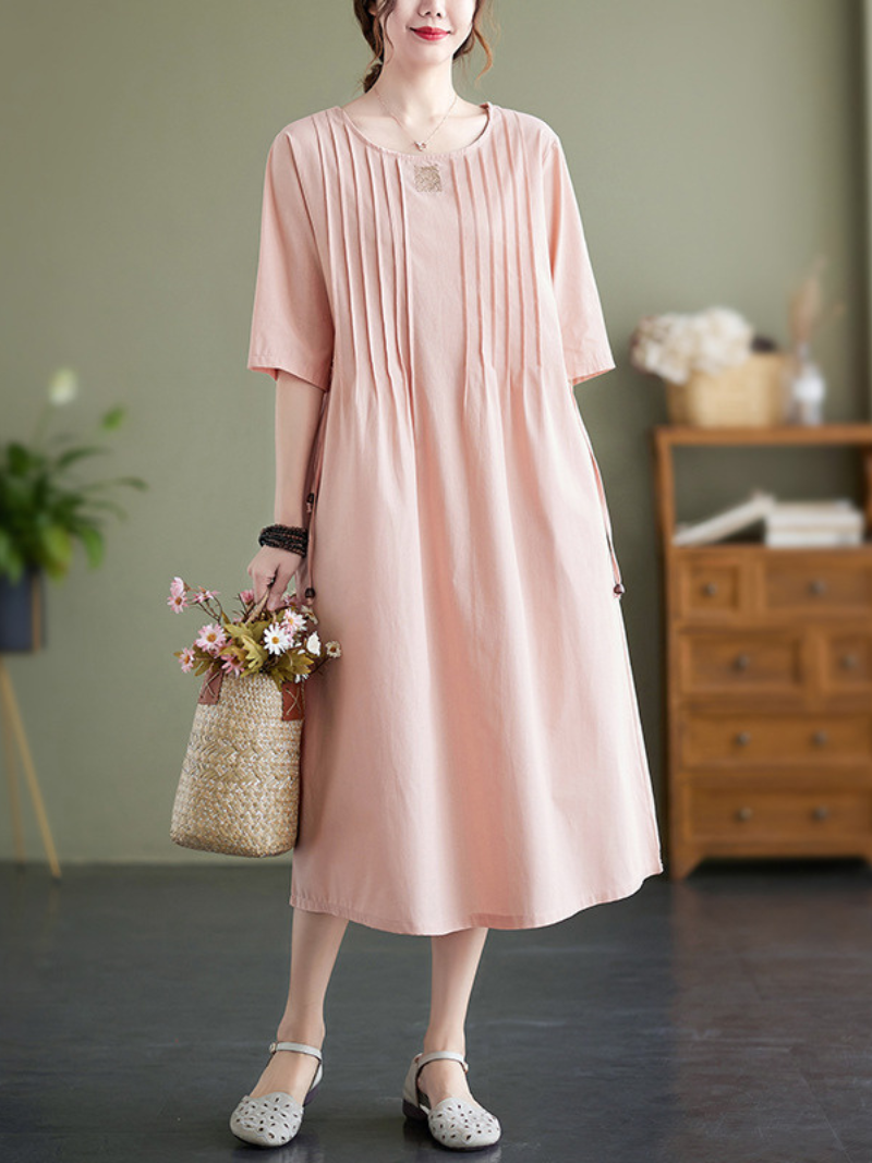 Time Tru Solid Cotton Linen A-line Dress