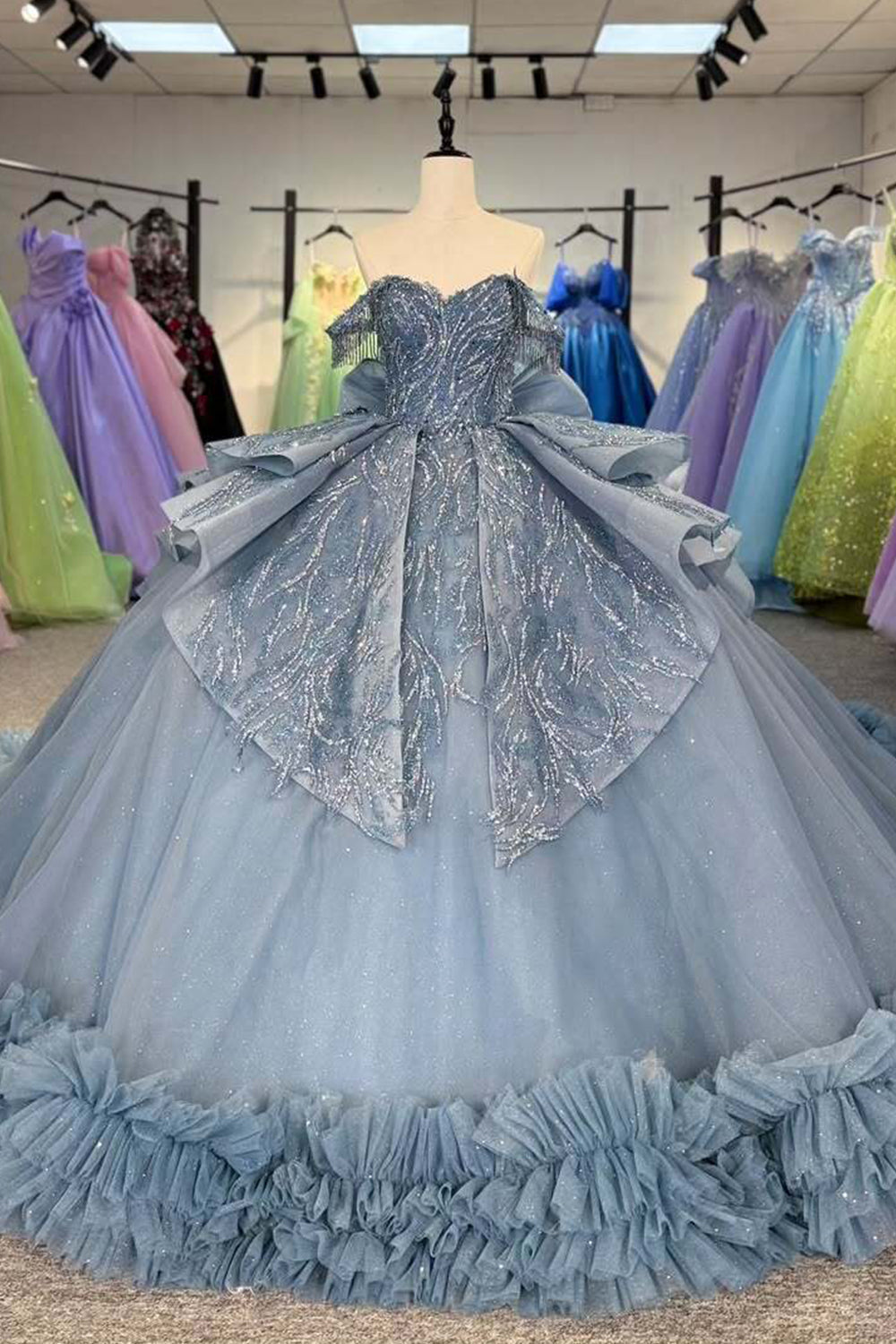 Beautiful A Line Off the Shoulder Grey Blue Ball Gown Quinceanera Dress with Beading Bowknot - FashionDia