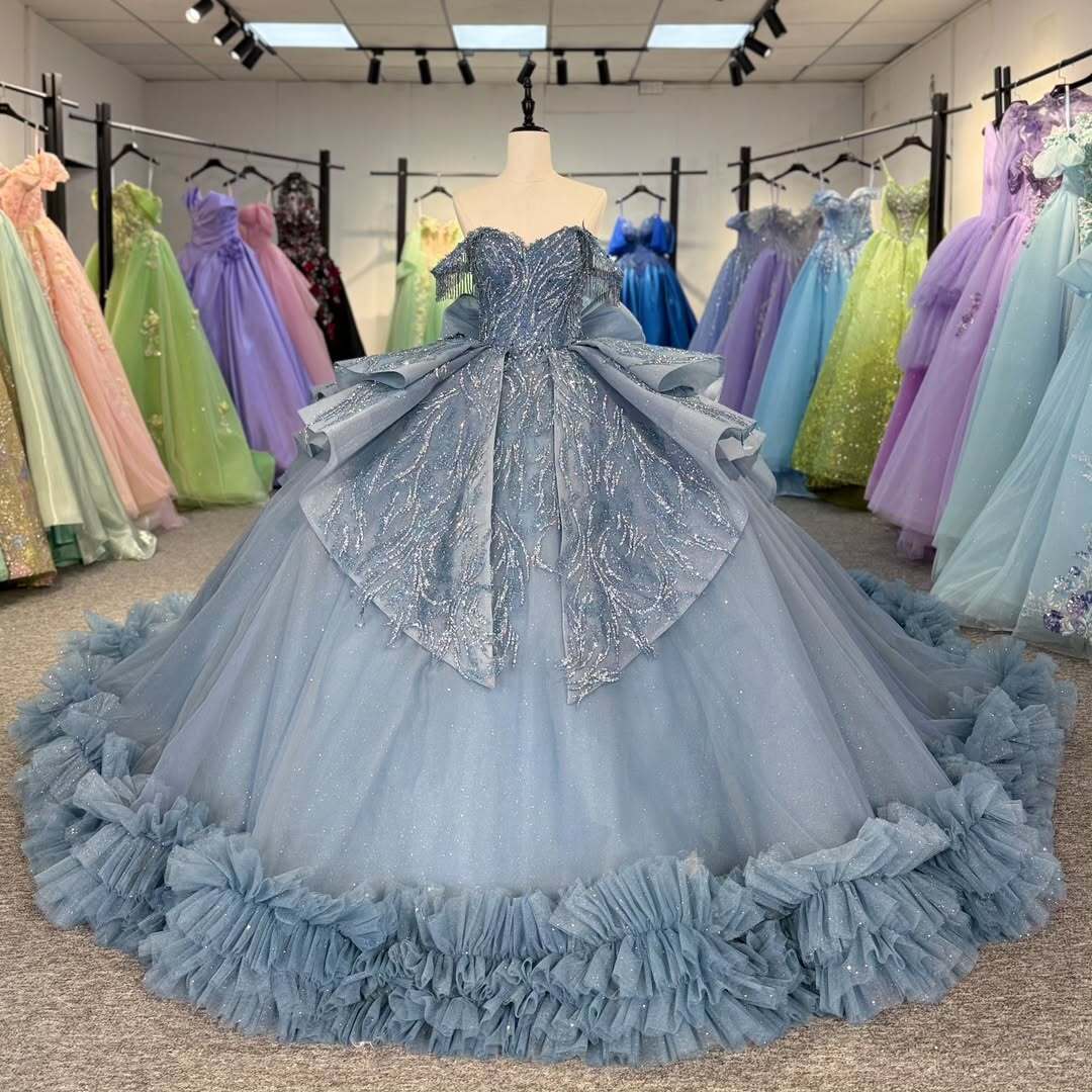 Beautiful A Line Off the Shoulder Grey Blue Ball Gown Quinceanera Dress with Beading Bowknot - View 3 | FashionDia