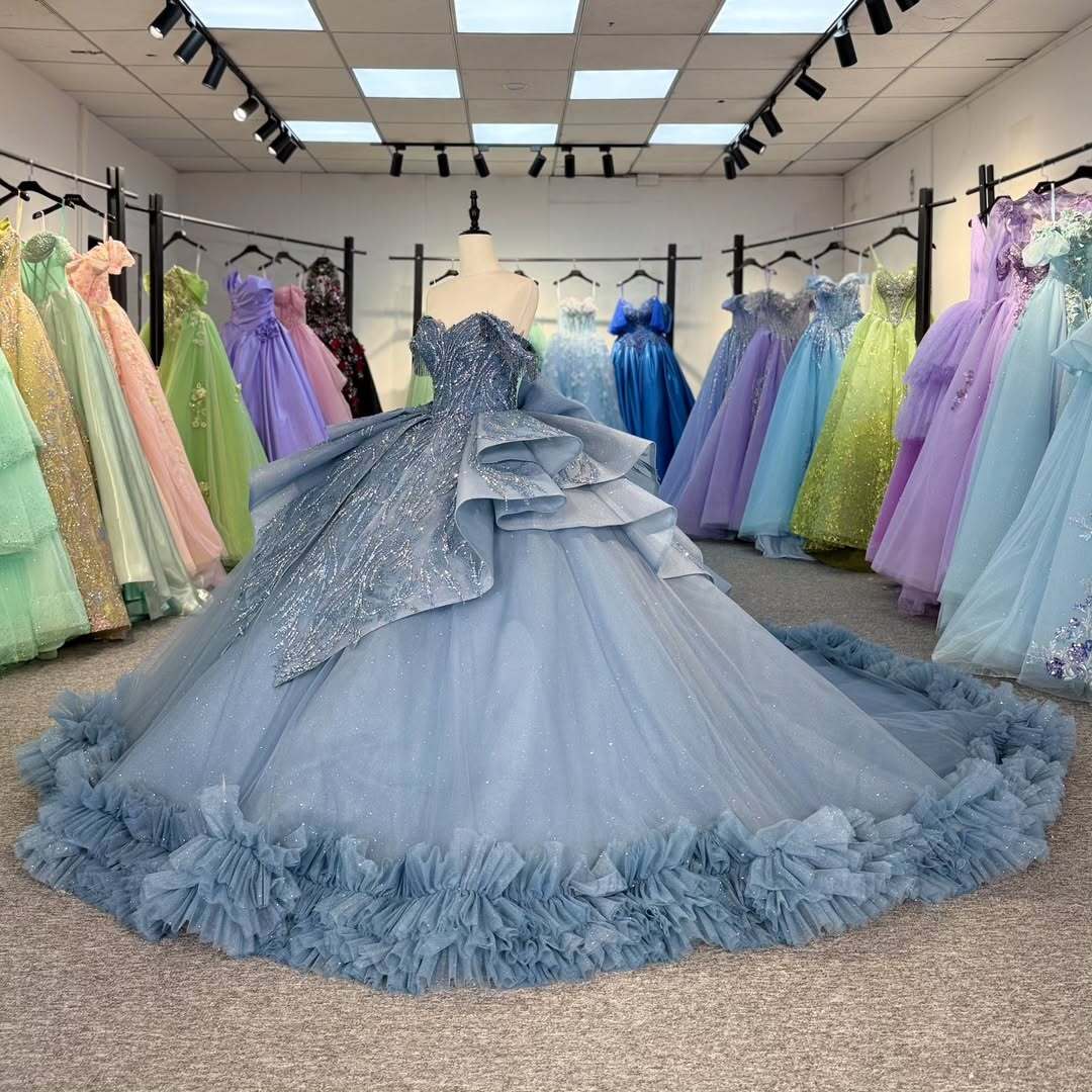 Beautiful A Line Off the Shoulder Grey Blue Ball Gown Quinceanera Dress with Beading Bowknot - View 6 | FashionDia