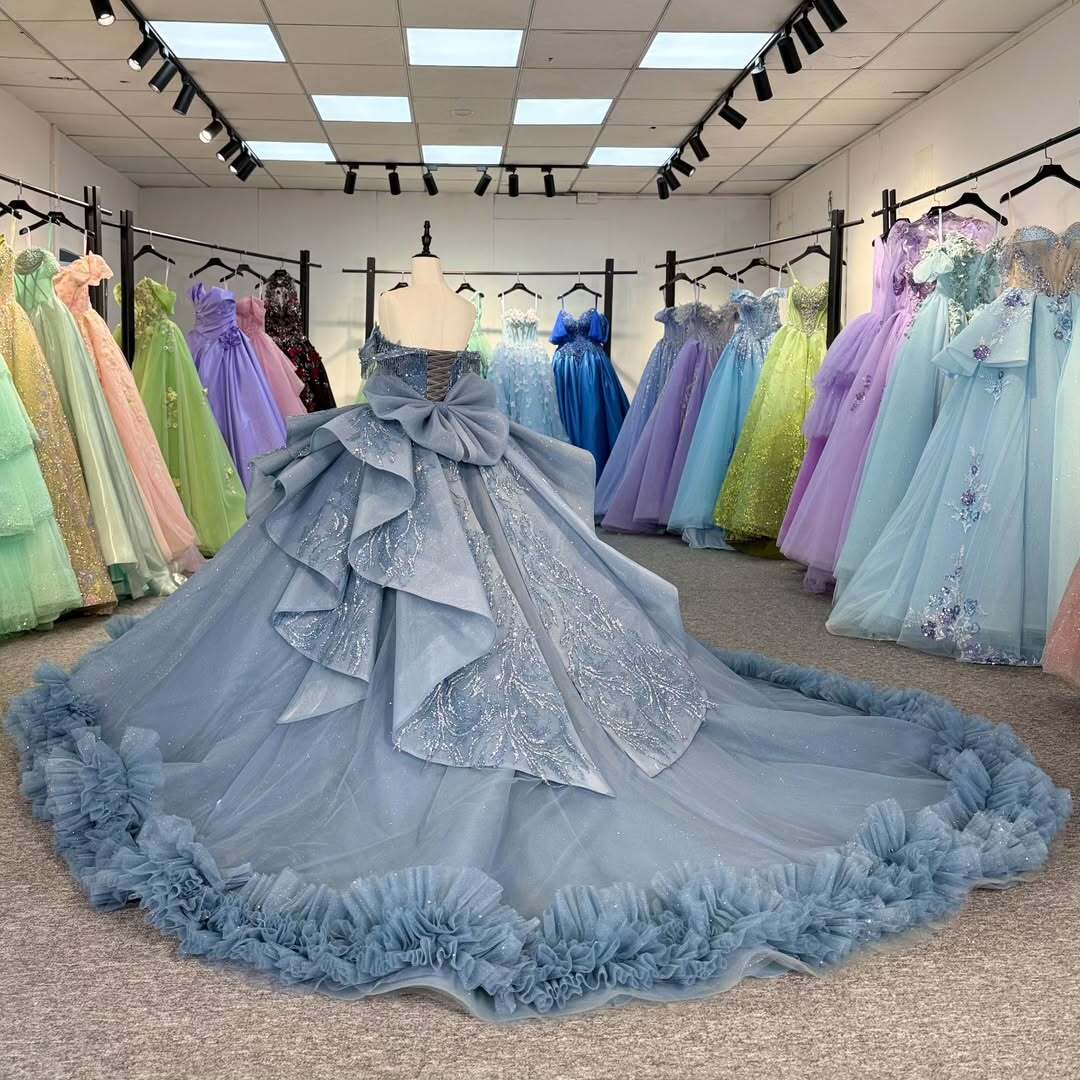 Beautiful A Line Off the Shoulder Grey Blue Ball Gown Quinceanera Dress with Beading Bowknot - View 2 | FashionDia