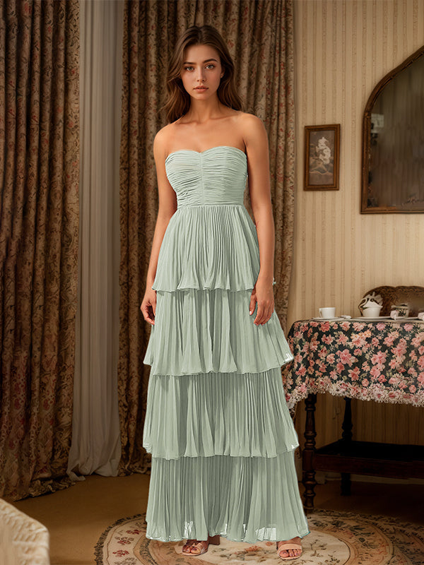 Burgundy A-Line Sweetheart Floor-Length Tiered Chiffon Bridesmaid Dress