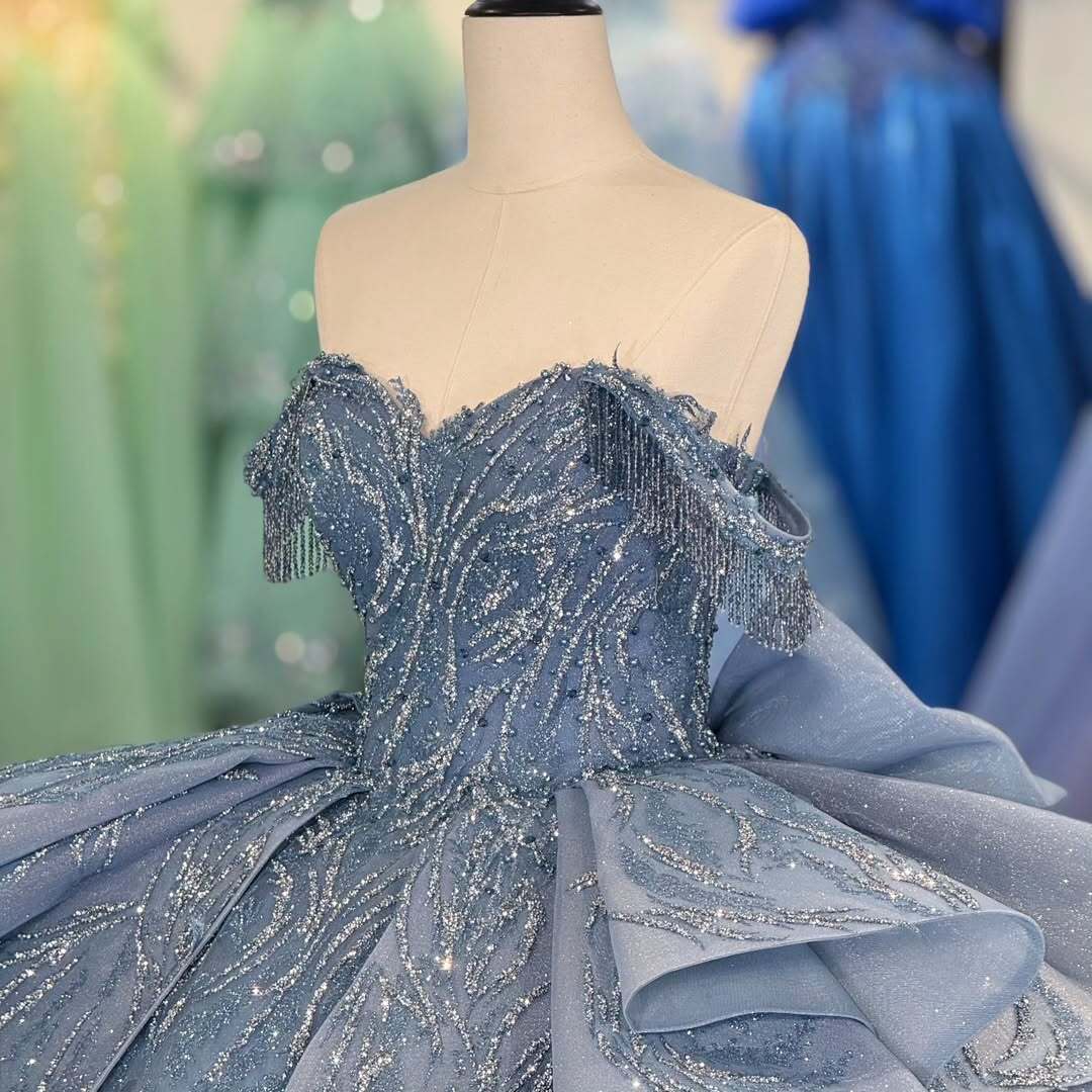 Beautiful A Line Off the Shoulder Grey Blue Ball Gown Quinceanera Dress with Beading Bowknot - View 4 | FashionDia