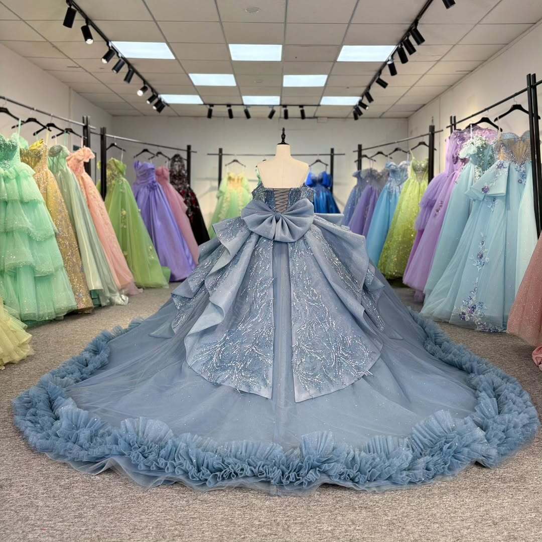 Beautiful A Line Off the Shoulder Grey Blue Ball Gown Quinceanera Dress with Beading Bowknot - View 7 | FashionDia