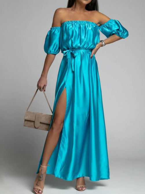 One Shoulder Short Sleeve Slit Dress