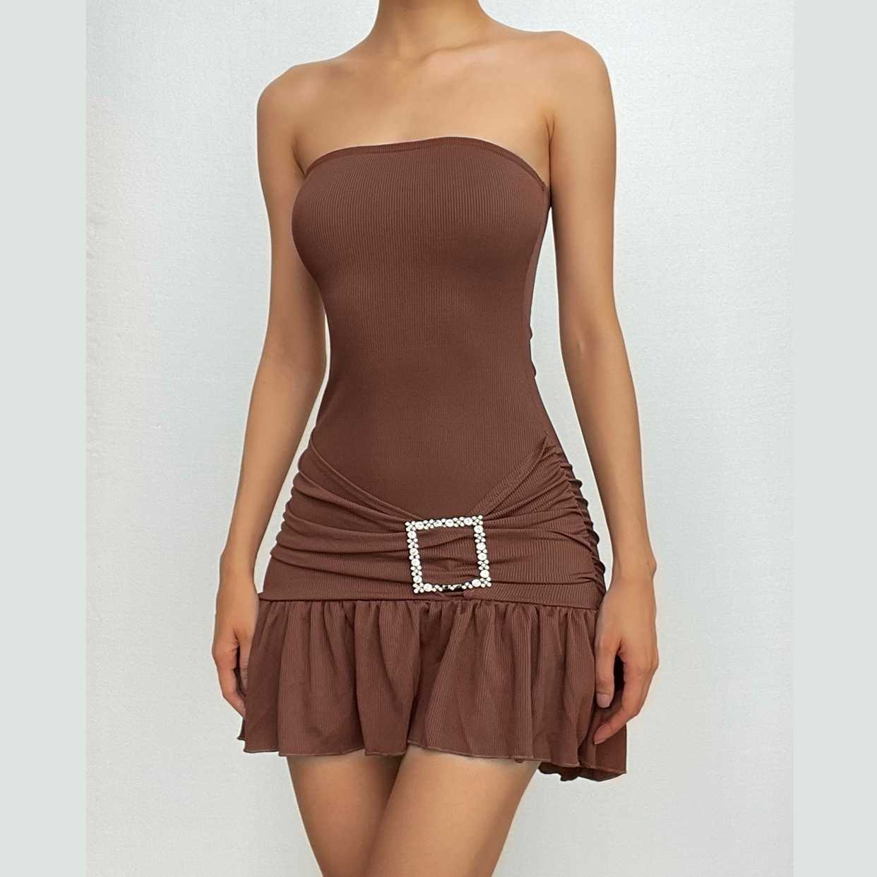 Ribbed buckle ruched ruffle solid backless tube mini dress