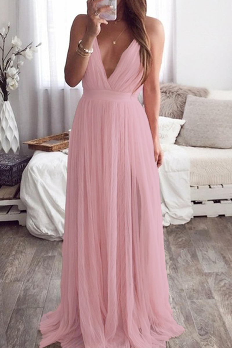 Sexy Solid Color Backless Mesh V Neck Evening Dresses - VelvetHem
